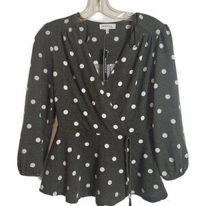 Monteau peplum faux wrap v-neck sweater Olive/grey white polka dot - sz M